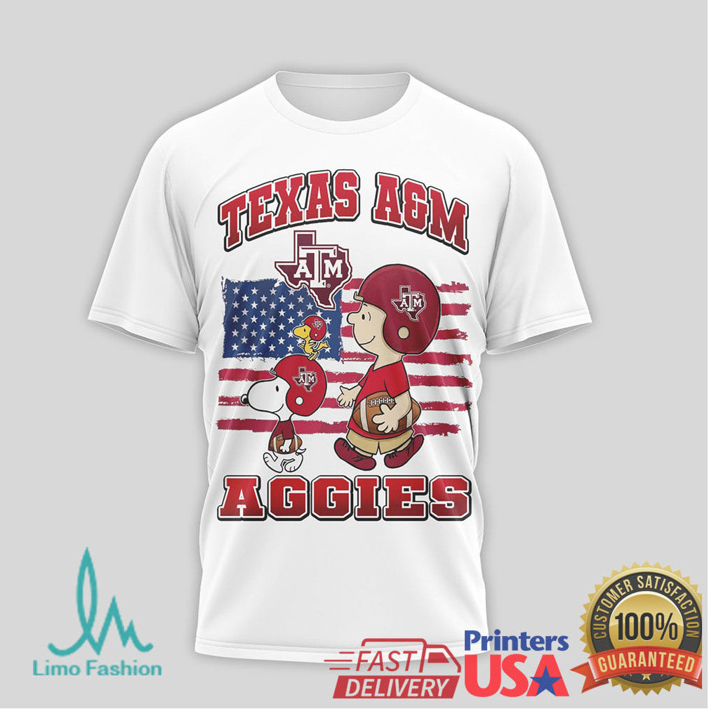 Texas A&M Aggies Snoopy & Friends American Flag Football T Shirt - Limotees LLC