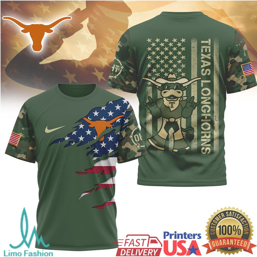 Texas Longhorns Bevo Mascot Military Camo T Shirt UT Austin Patriotic American Flag T Shirt - Limotees LLC