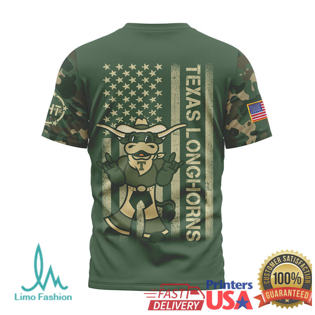 Texas Longhorns Bevo Mascot Military Camo T Shirt UT Austin Patriotic American Flag T Shirt - Limotees LLC