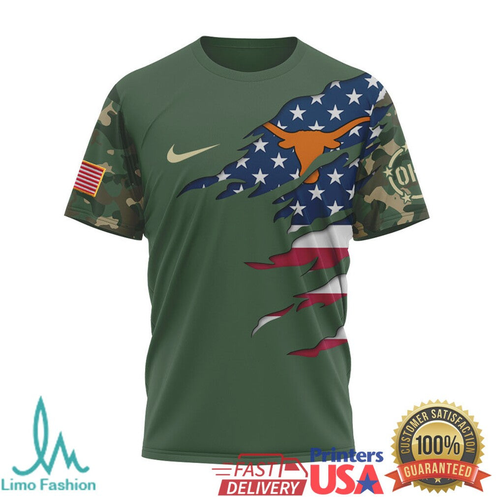 Texas Longhorns Bevo Mascot Military Camo T Shirt UT Austin Patriotic American Flag T Shirt - Limotees LLC