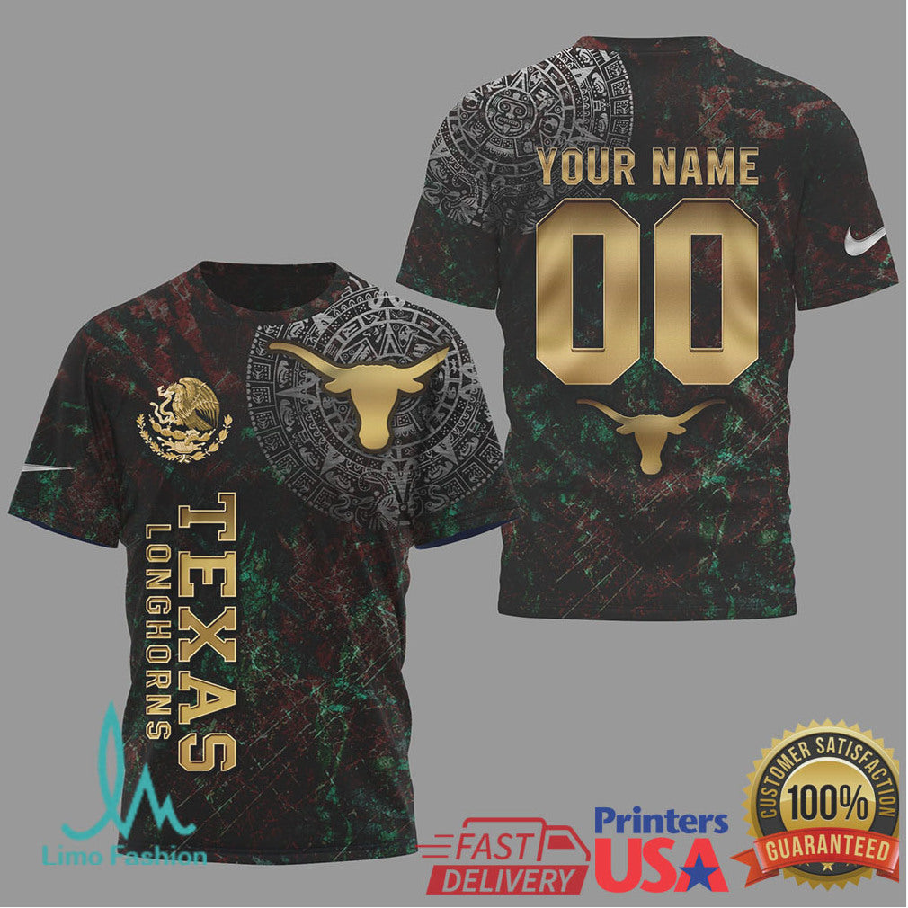 Texas Longhorns Mexico Heritage Gold T Shirt Custom Name & Number Texas Fan Gear