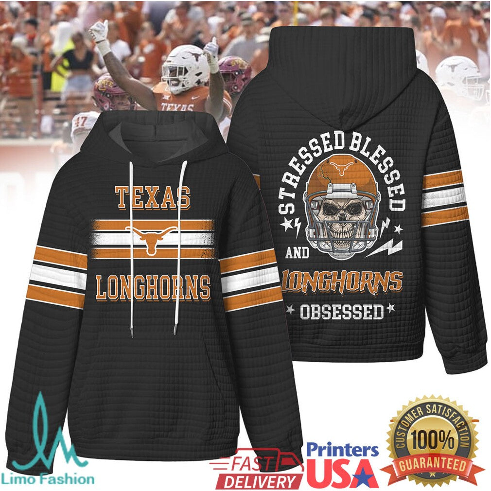 Texas Longhorns Stressed Blessed and Obsessed Football Skull Quilted T Shirt - Limotees LLC