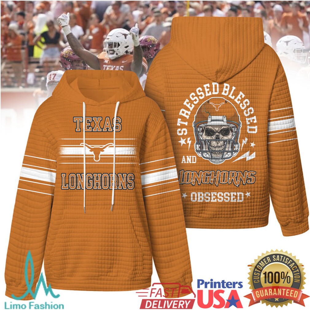 Texas Longhorns Stressed Blessed and Obsessed Football Skull Quilted T Shirt - Limotees LLC