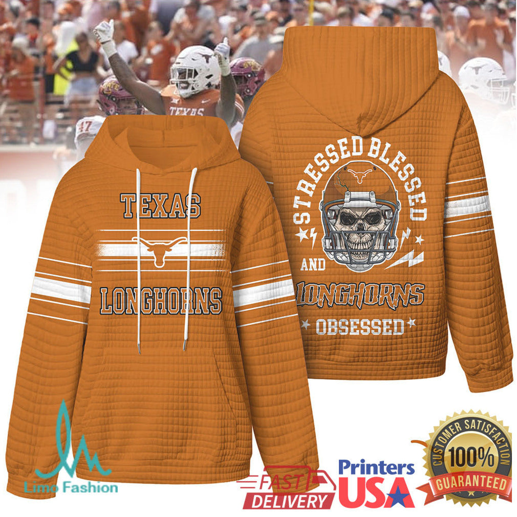 Texas Longhorns Stressed Blessed and Obsessed Football Skull Quilted T Shirt - Limotees LLC