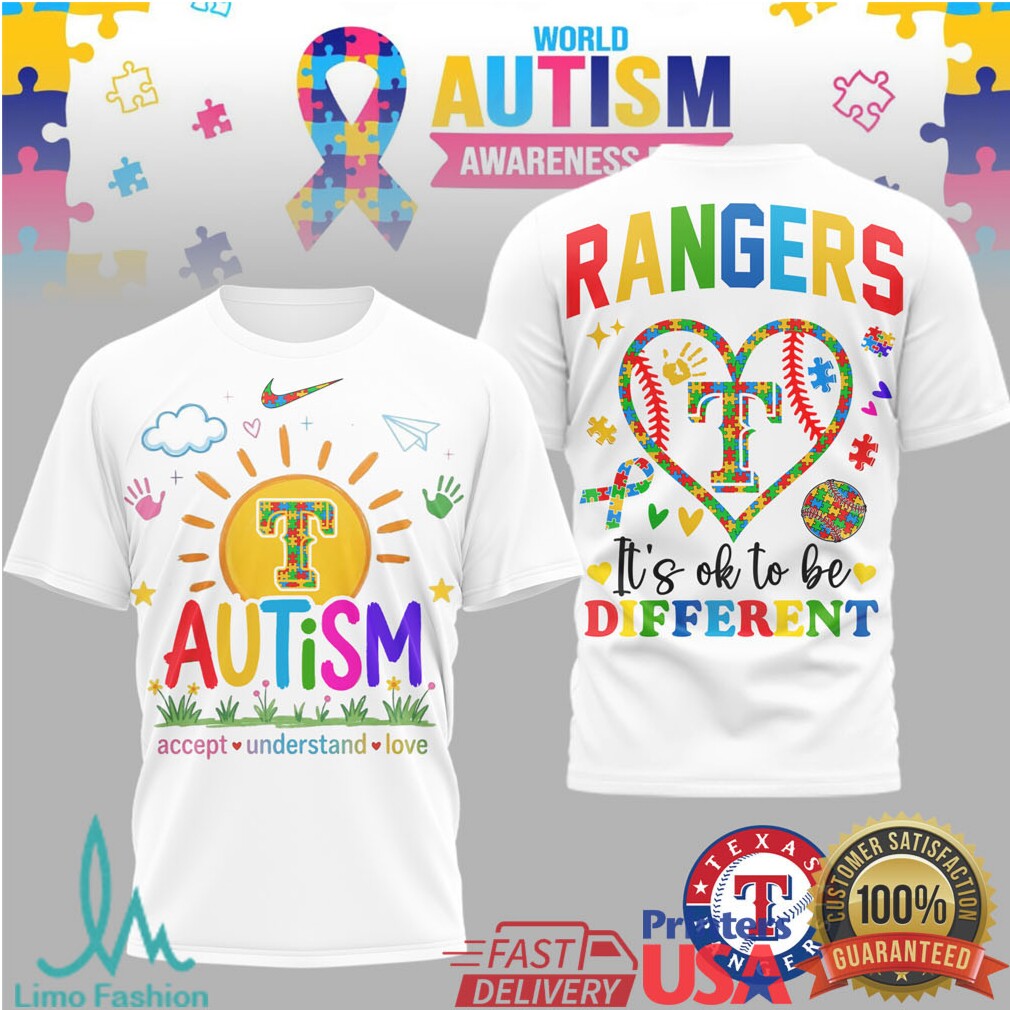 Texas Rangers Autism Awareness It's Ok To Be Different Puzzle Heart T Shirt - Limotees LLC