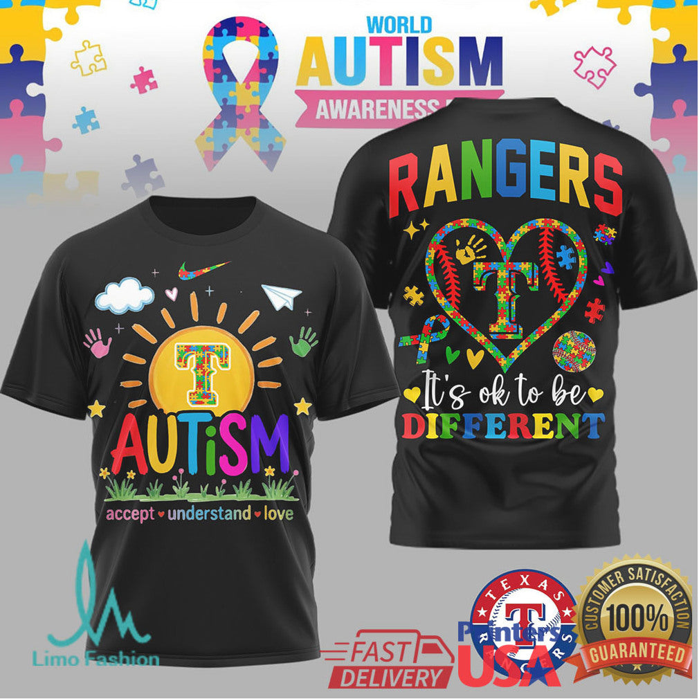Texas Rangers Autism Awareness It's Ok To Be Different Puzzle Heart T Shirt - Limotees LLC