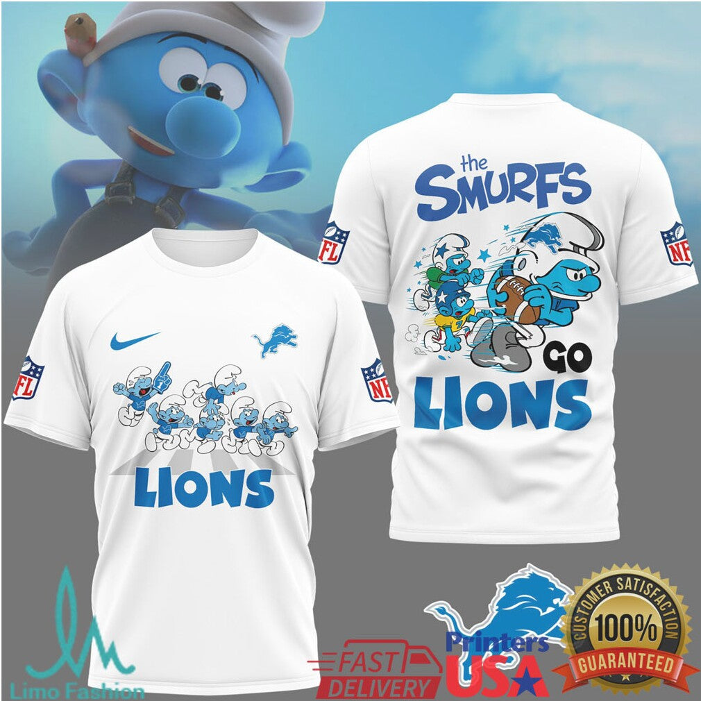 The Smurfs x Detroit Lions NFL Go Lions Graphic T Shirt - Limotees LLC