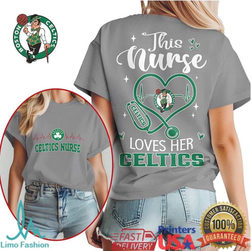 This Nurse Loves Her Boston Celtics Basketball Heart Stethoscope T Shirt - Limotees LLC