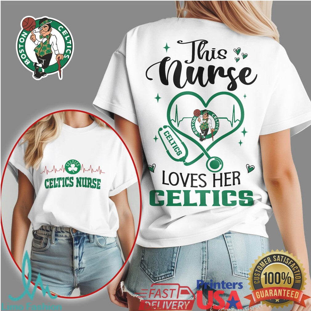 This Nurse Loves Her Boston Celtics Basketball Heart Stethoscope T Shirt - Limotees LLC