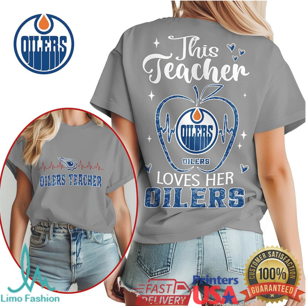 This Teacher Loves Her Edmonton Oilers NHL Fan Apple Heartbeat Tee - Limotees LLC