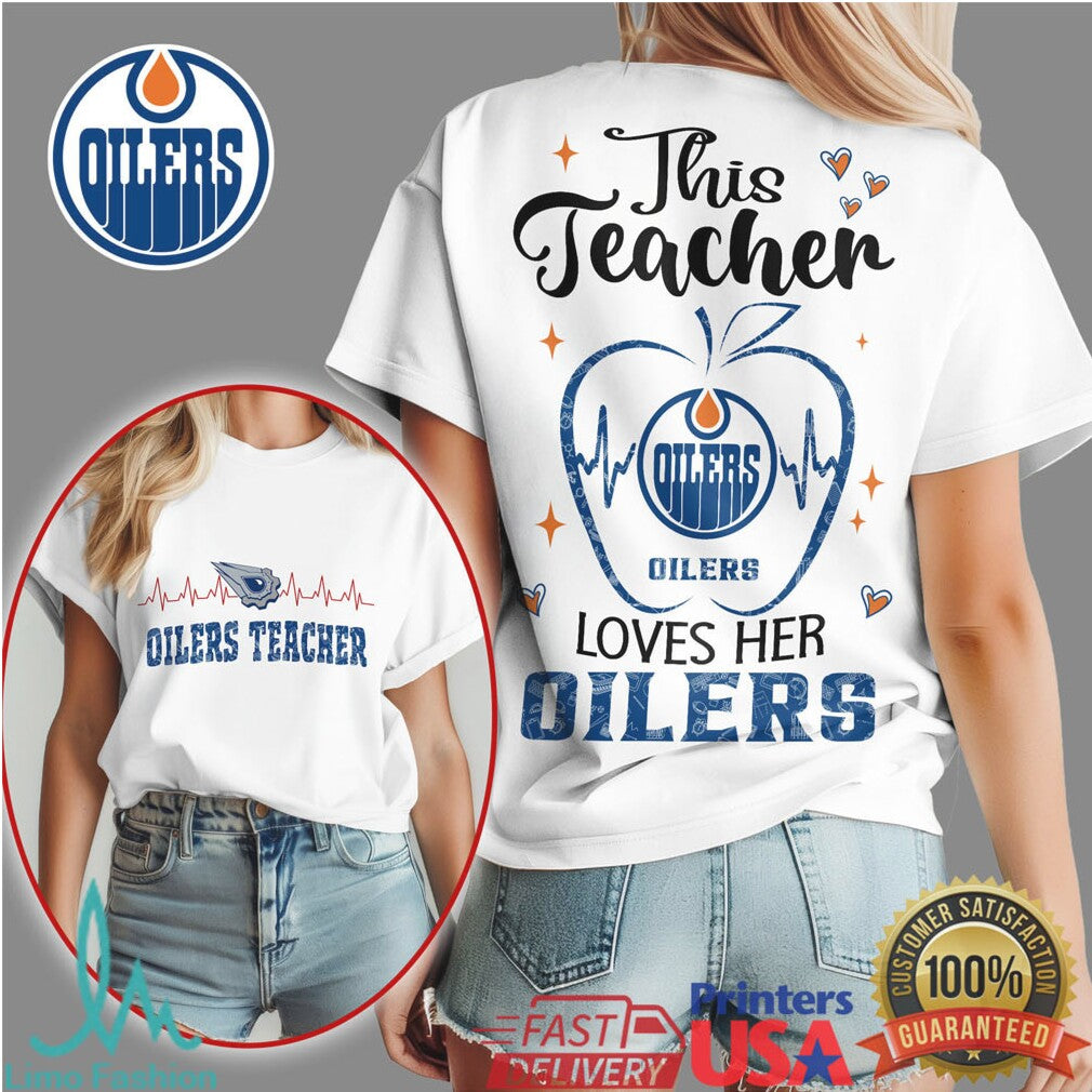 This Teacher Loves Her Edmonton Oilers NHL Fan Apple Heartbeat Tee - Limotees LLC