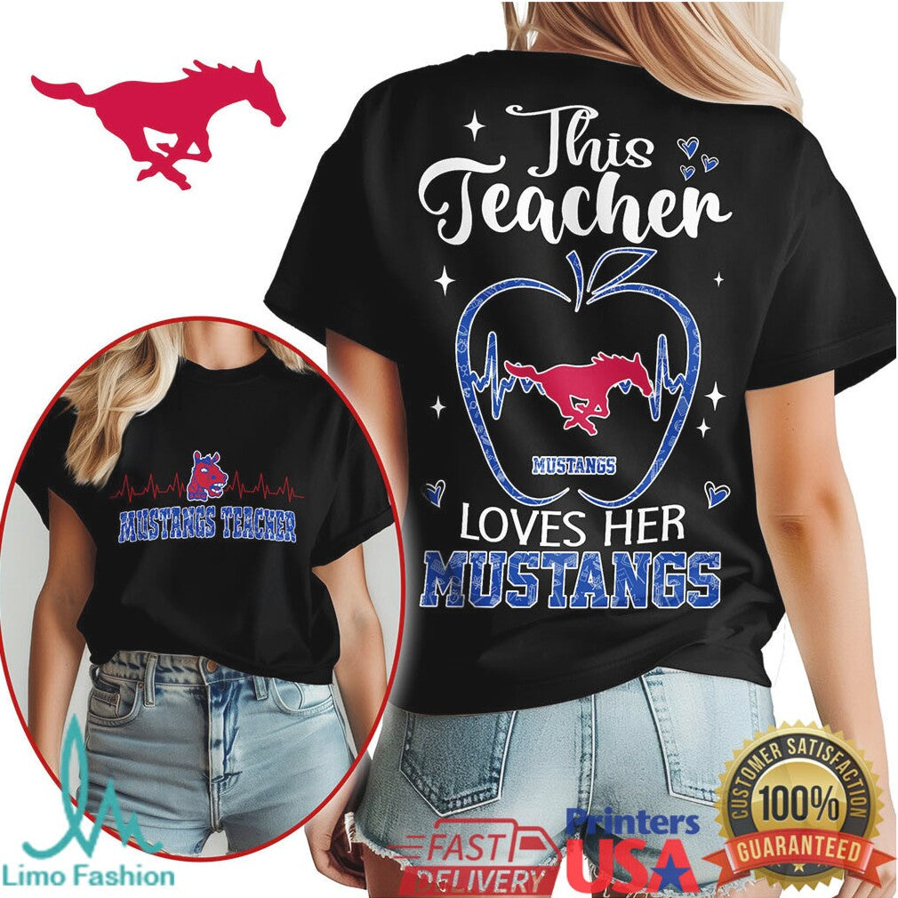 This Teacher Loves Her Mustangs School Spirit Apple Graphic T Shirt - Limotees LLC