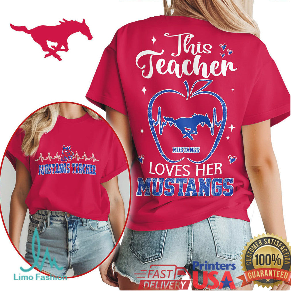 This Teacher Loves Her Mustangs School Spirit Apple Graphic T Shirt - Limotees LLC