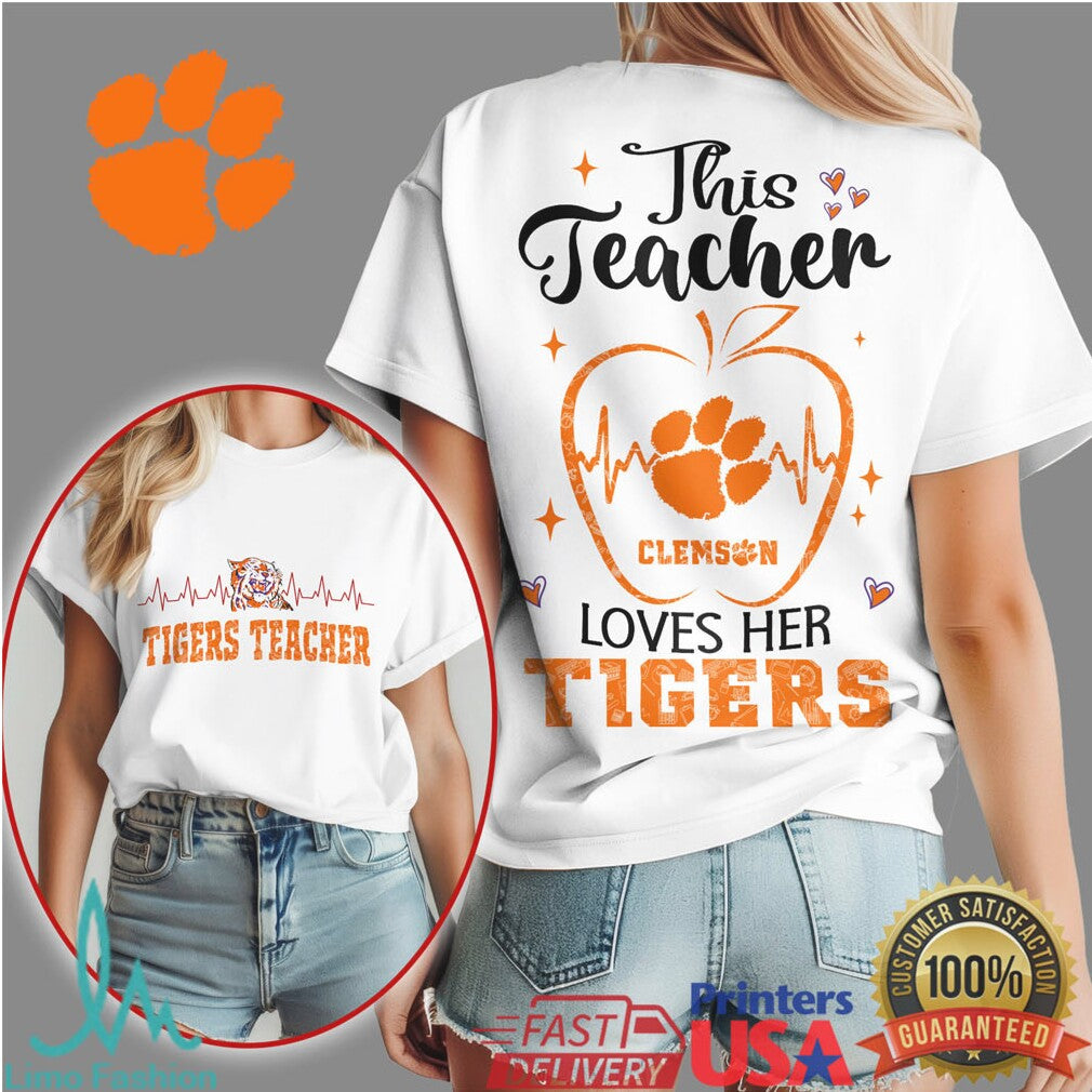 This Teacher Loves Her Tigers Clemson University Heartbeat T Shirt - Limotees LLC