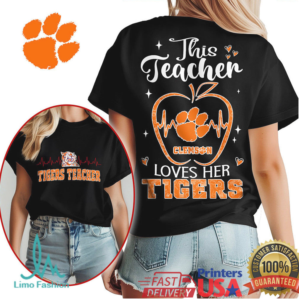This Teacher Loves Her Tigers Clemson University Heartbeat T Shirt - Limotees LLC