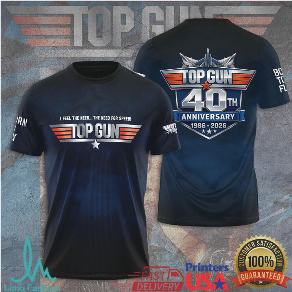 Top Gun 40th Anniversary 1986 2026 “The Need For Speed” Logo 3D Printed Apparel T Shirt - Limotees LLC