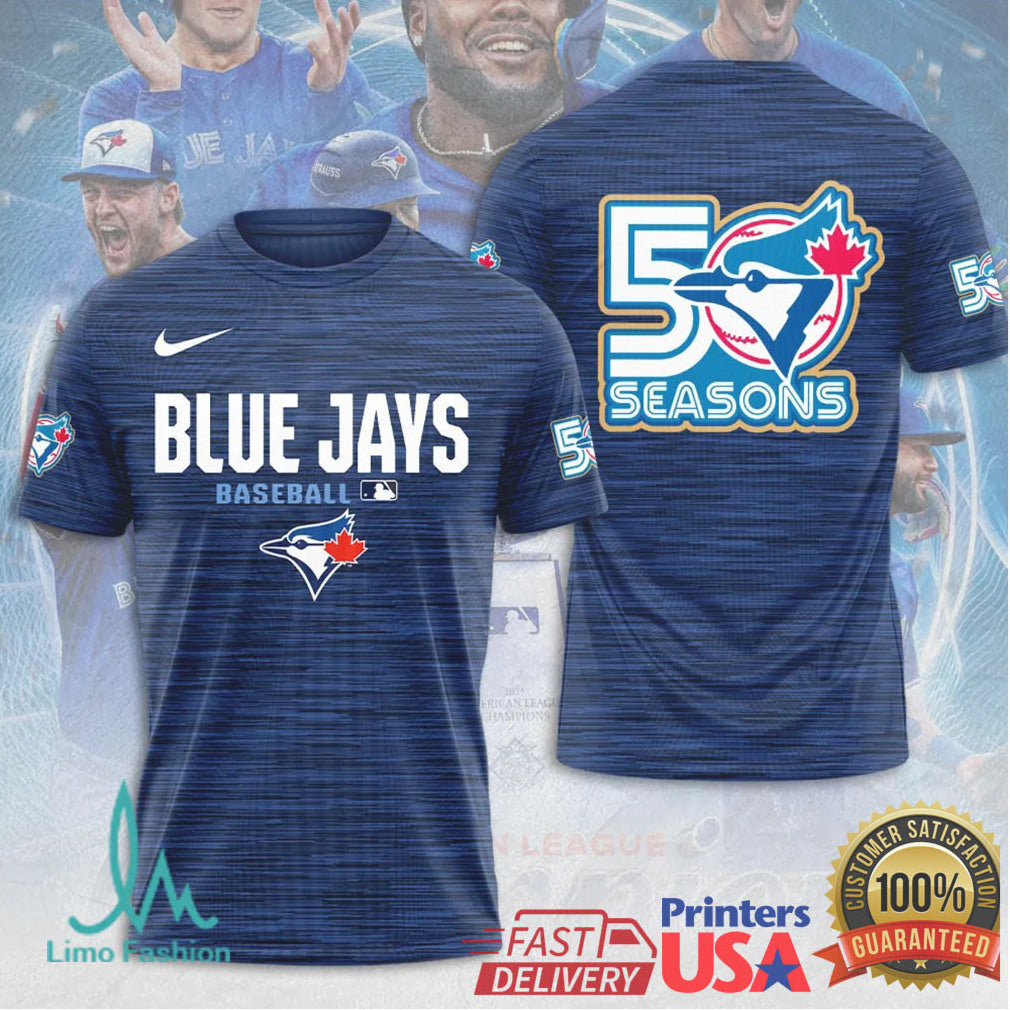 Toronto Blue Jays 50 Seasons Anniversary Baseball Blue Heathered Vintage Men Women Fans T Shirt