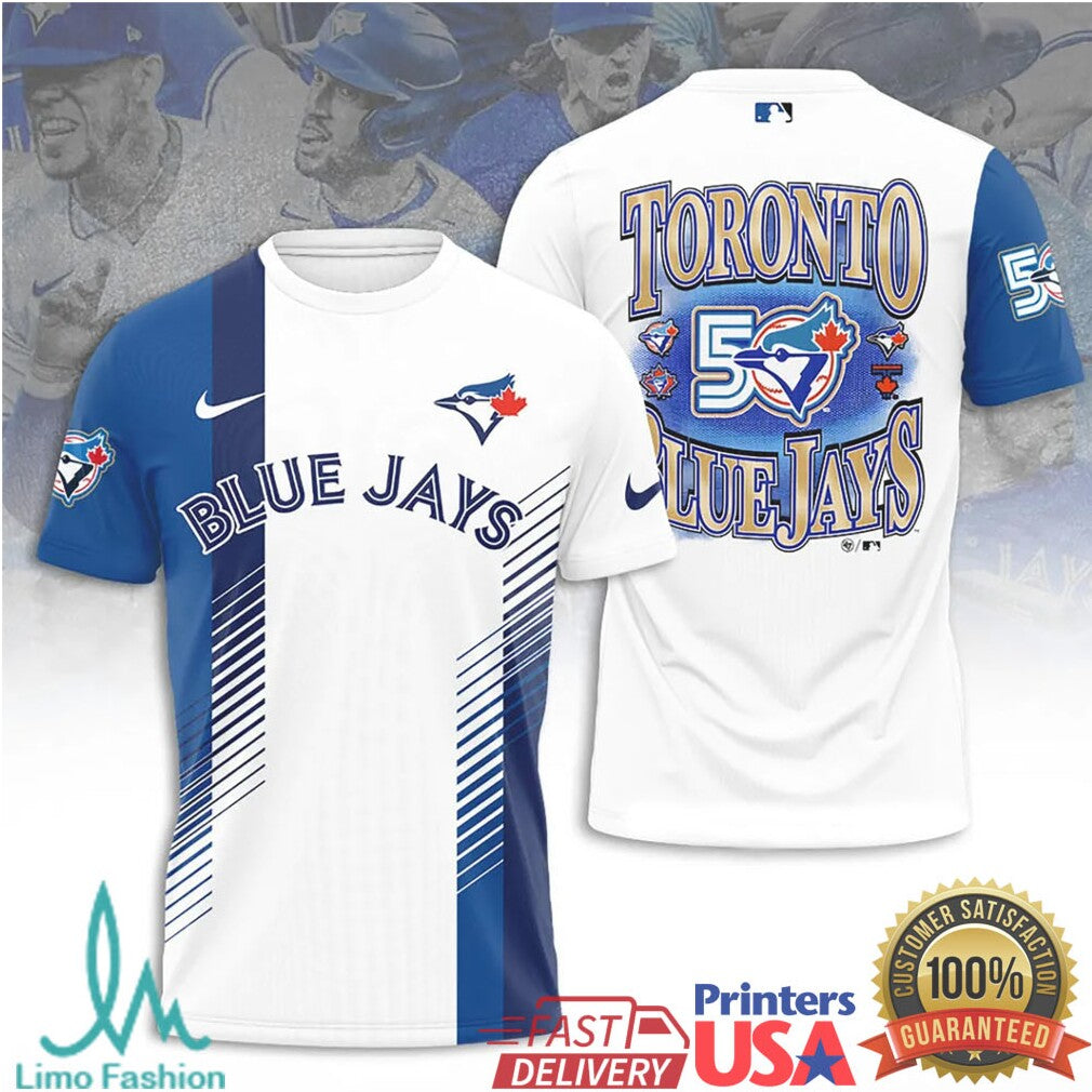 Toronto Blue Jays 50th Anniversary Commemorative Baseball White Blue Vertical Stripe Fans T Shirt - Limotees LLC