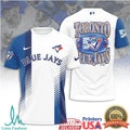 Toronto Blue Jays 50th Anniversary Commemorative Baseball White Blue Vertical Stripe Fans T Shirt - Limotees LLC