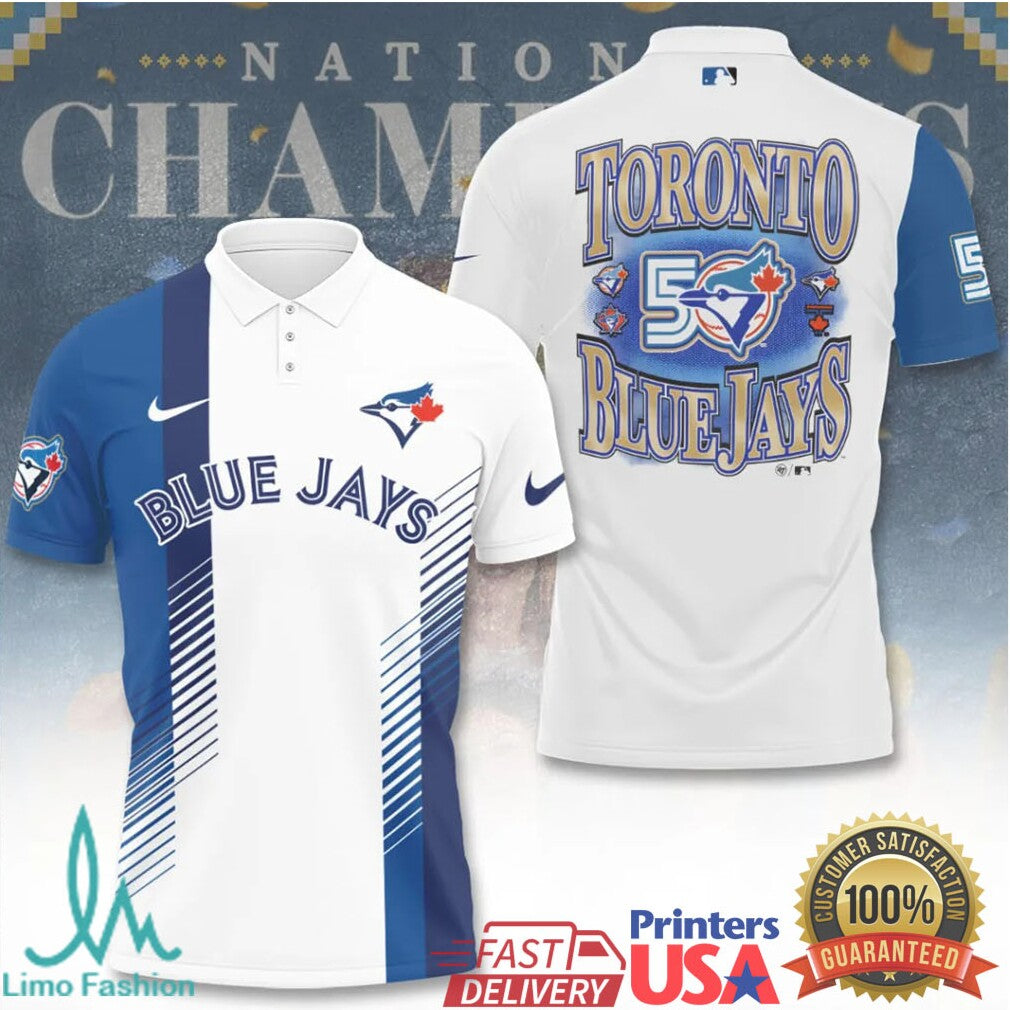 Toronto Blue Jays 50th Anniversary Commemorative Baseball White Blue Vertical Stripe Fans T Shirt - Limotees LLC