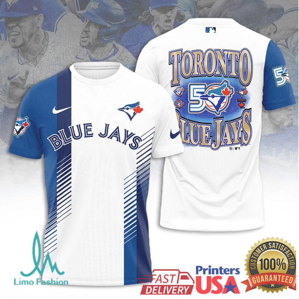 Toronto Blue Jays 50th Anniversary Commemorative Baseball White Blue Vertical Stripe Fans T Shirt - Limotees LLC