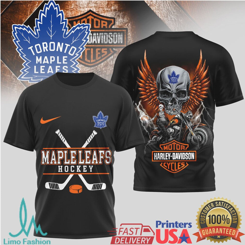 Toronto Maple Leafs Hockey x Harley Davidson Skull Wing Biker T Shirt - Limotees LLC