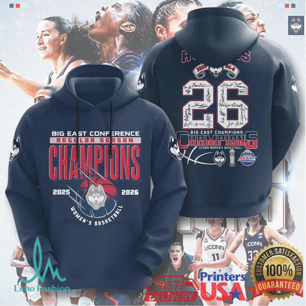 UConn Huskies 2025 2026 Big East Regular Season Champions Signed Basketball Apparel T Shirt - Limotees LLC
