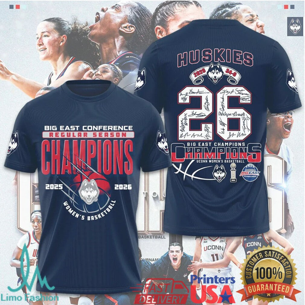 UConn Huskies 2025 2026 Big East Regular Season Champions Signed Basketball Apparel T Shirt - Limotees LLC