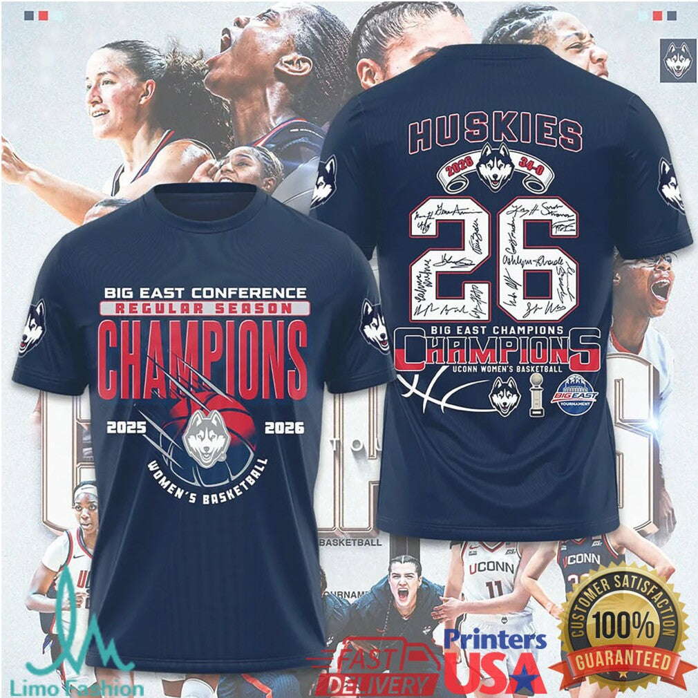 UConn Huskies 2025 2026 Big East Regular Season Champions Signed Basketball Apparel T Shirt - Limotees LLC