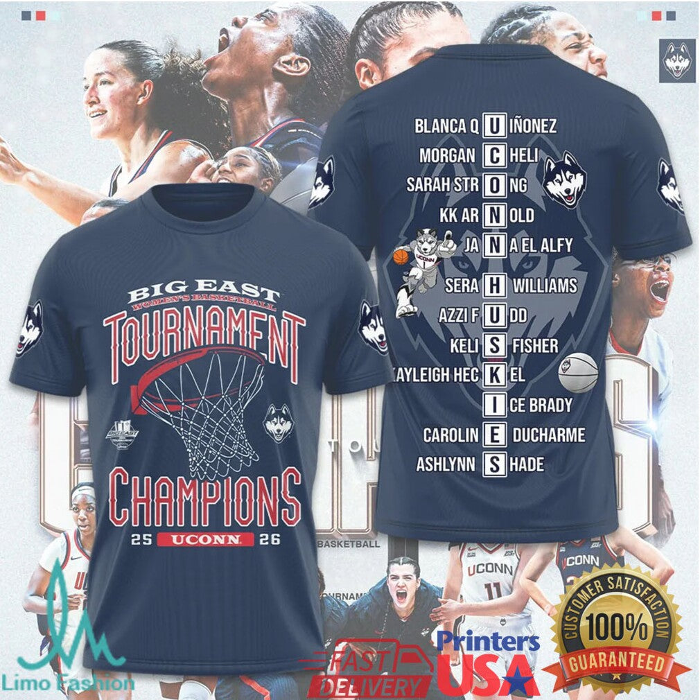 UConn Huskies 2026 Big East Champions Roster Typography Basketball T Shirt