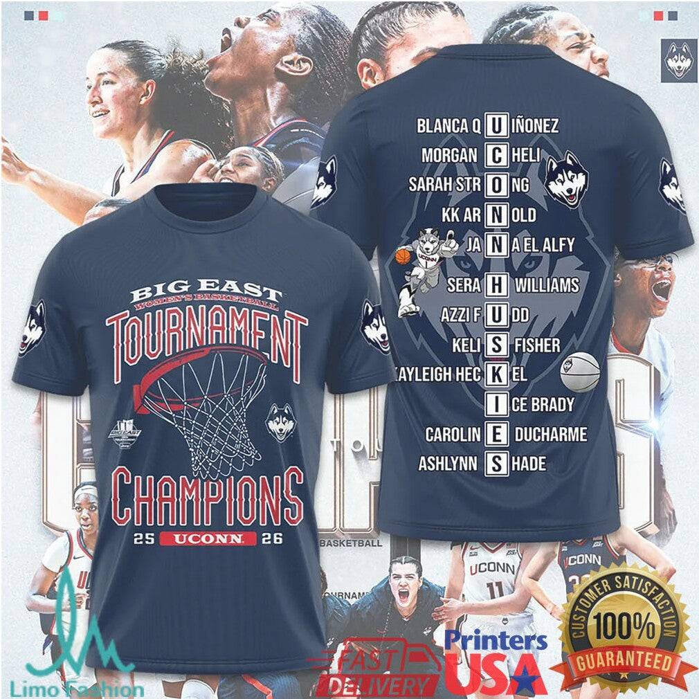 UConn Huskies 2026 Big East Champions Roster Typography Basketball T Shirt