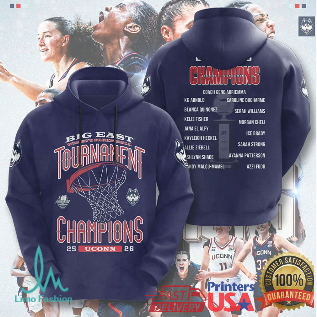 UConn Huskies 2026 Big East Women's Basketball Tournament Champions Roster T Shirt - Limotees LLC