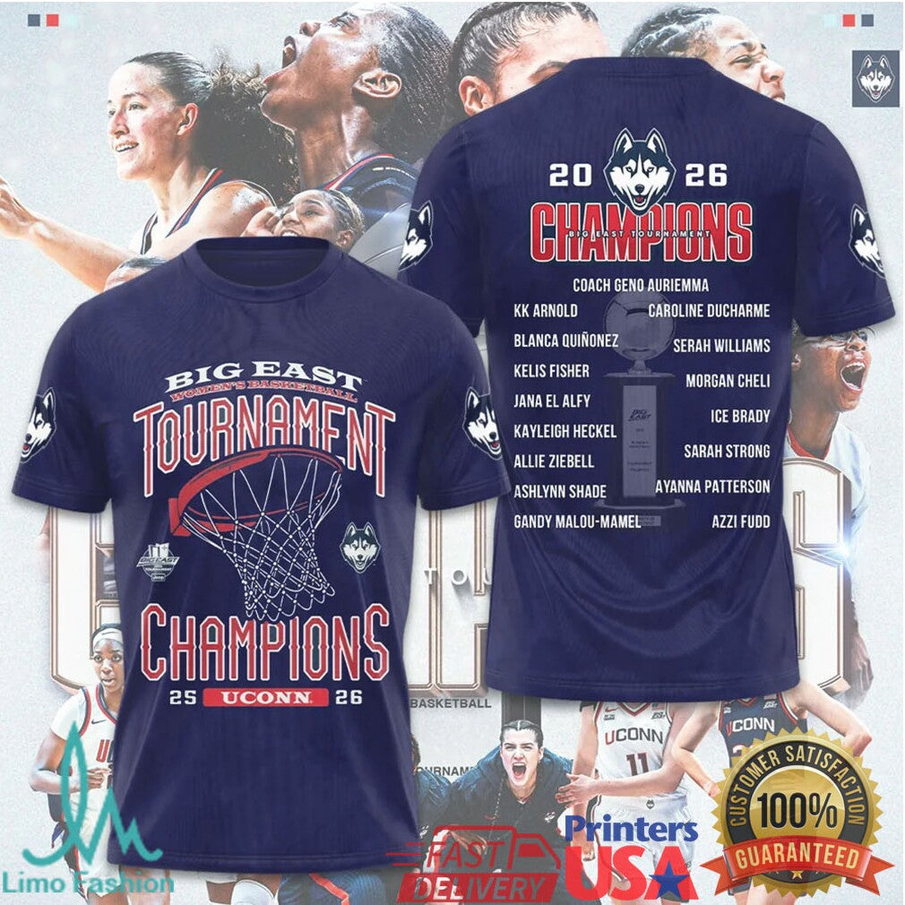 UConn Huskies 2026 Big East Women's Basketball Tournament Champions Roster T Shirt - Limotees LLC