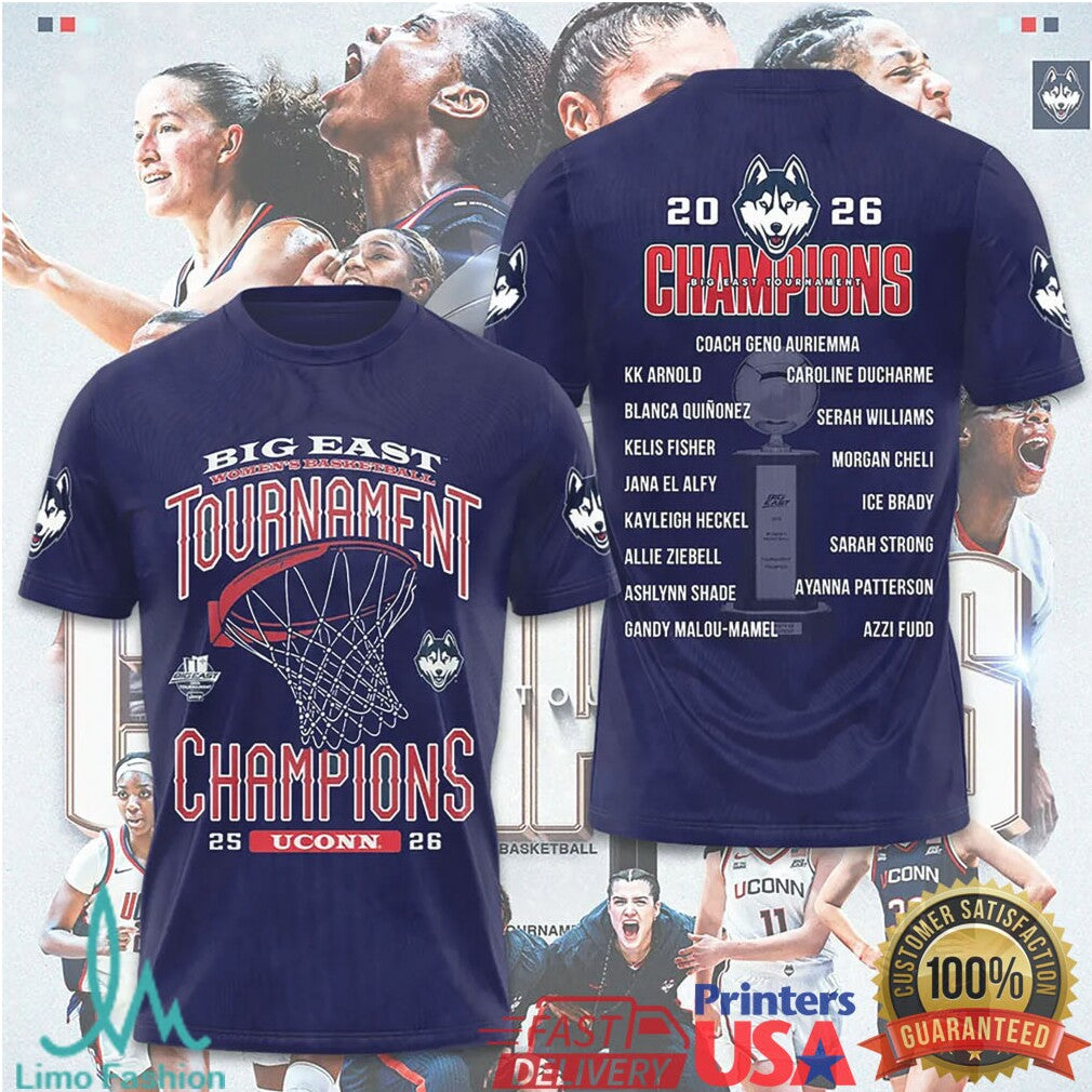UConn Huskies 2026 Big East Women's Basketball Tournament Champions Roster T Shirt - Limotees LLC