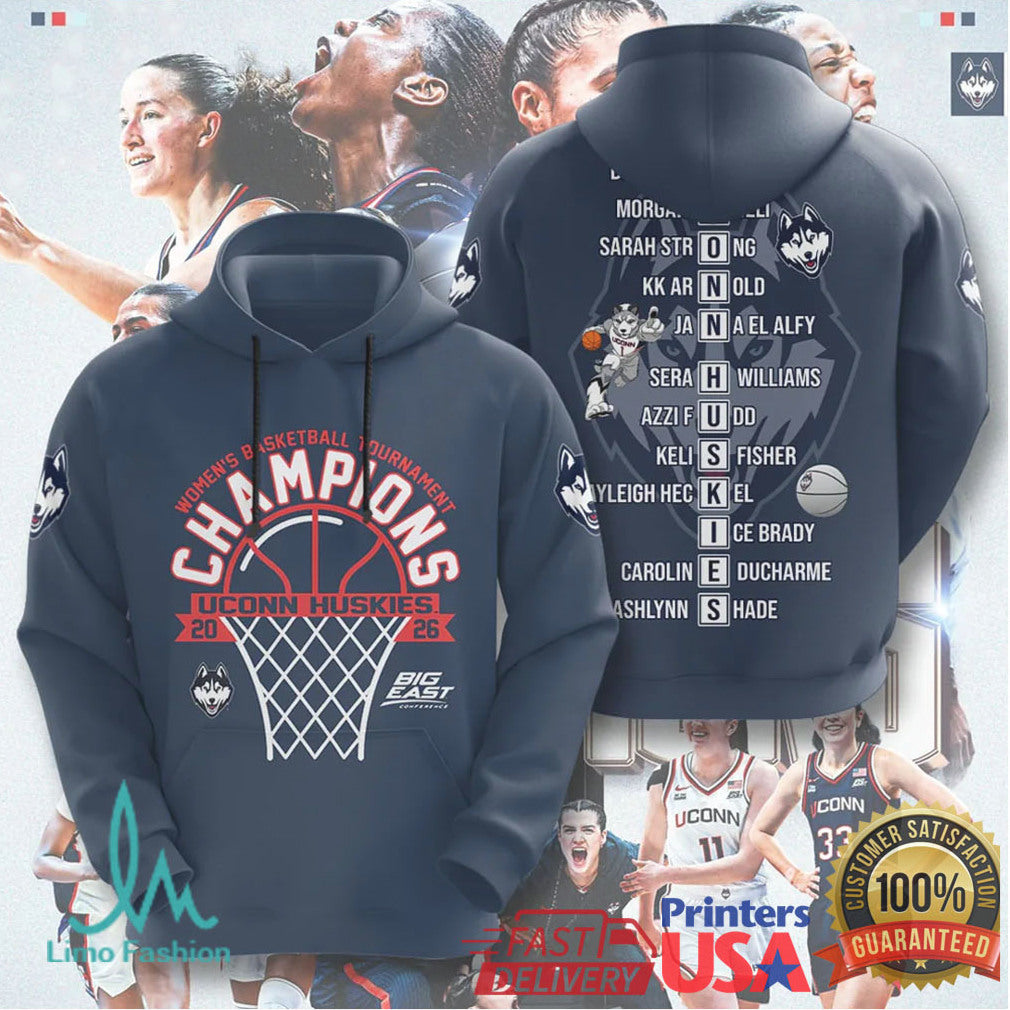 UConn Huskies 2026 Women's Basketball Tournament Champions Roster T Shirt - Limotees LLC
