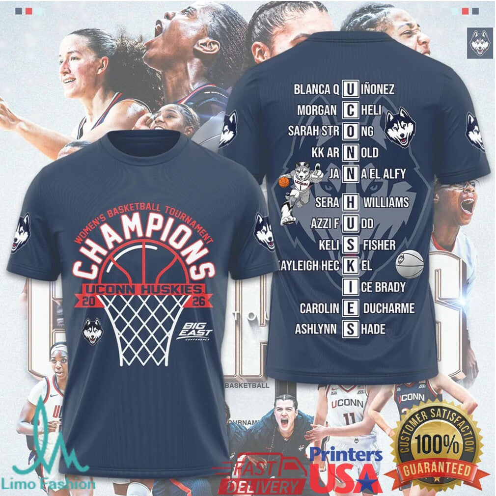 UConn Huskies 2026 Women's Basketball Tournament Champions Roster T Shirt - Limotees LLC