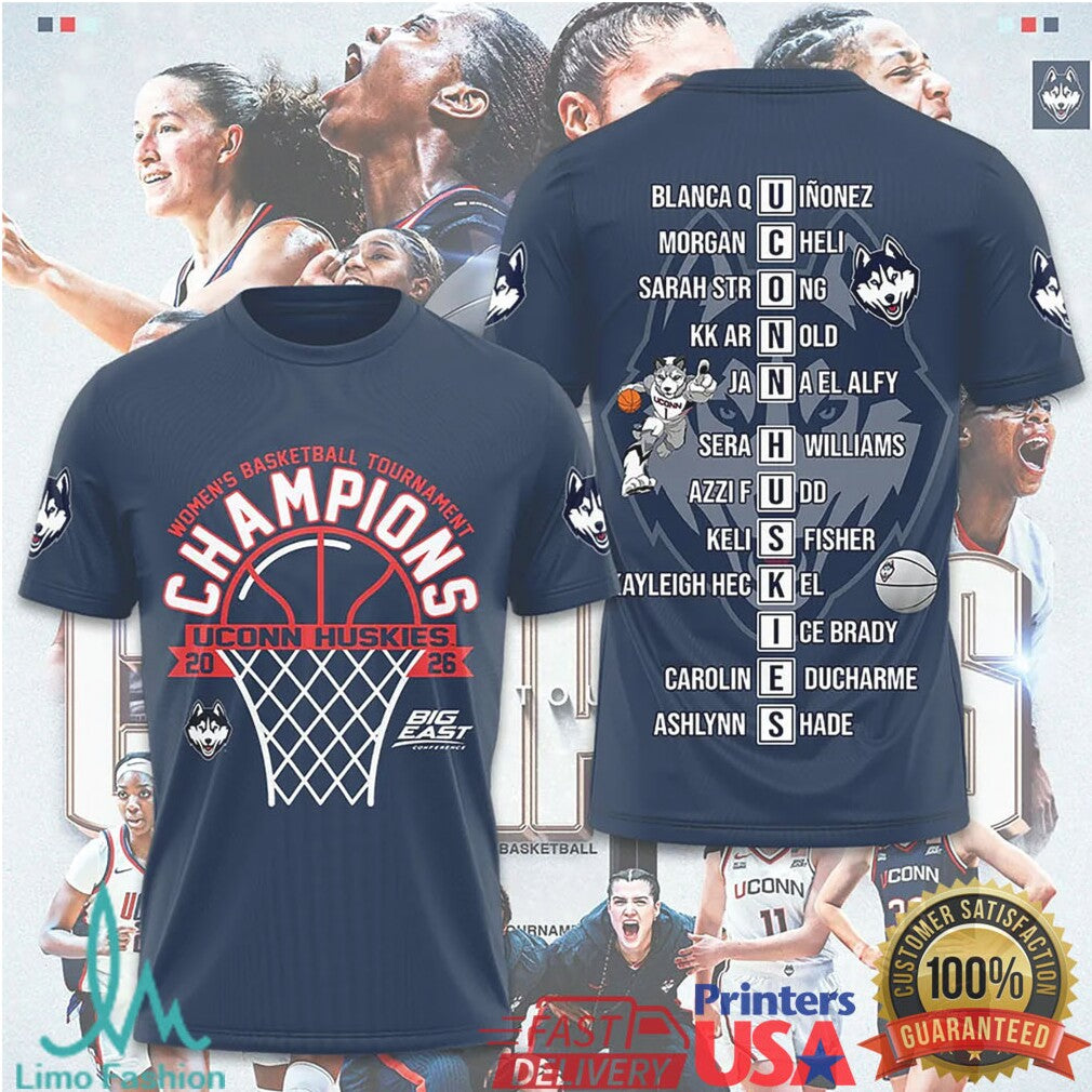 UConn Huskies 2026 Women's Basketball Tournament Champions Roster T Shirt - Limotees LLC