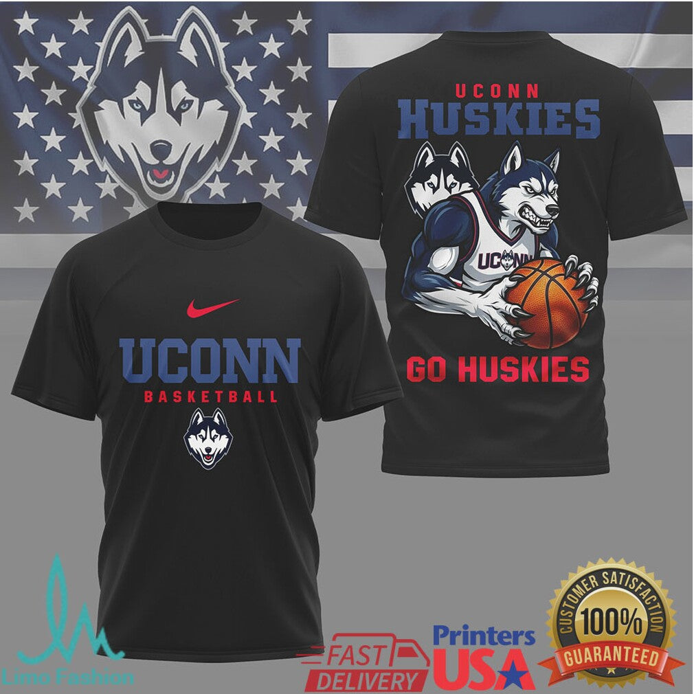 UConn Huskies Basketball Graphic T Shirt Aggressive Husky Mascot Slam Dunk T Shirt - Limotees LLC