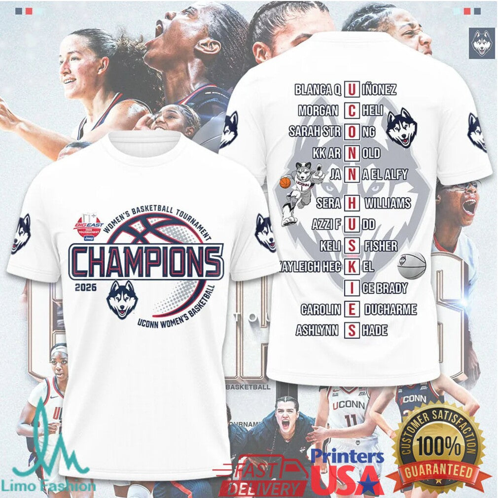UConn Huskies Women's Basketball 2026 Big East Champions Roster T Shirt - Limotees LLC