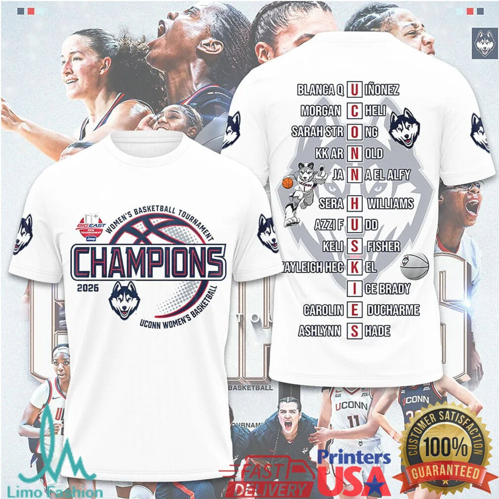 UConn Huskies Women's Basketball 2026 Big East Champions Roster T Shirt - Limotees LLC