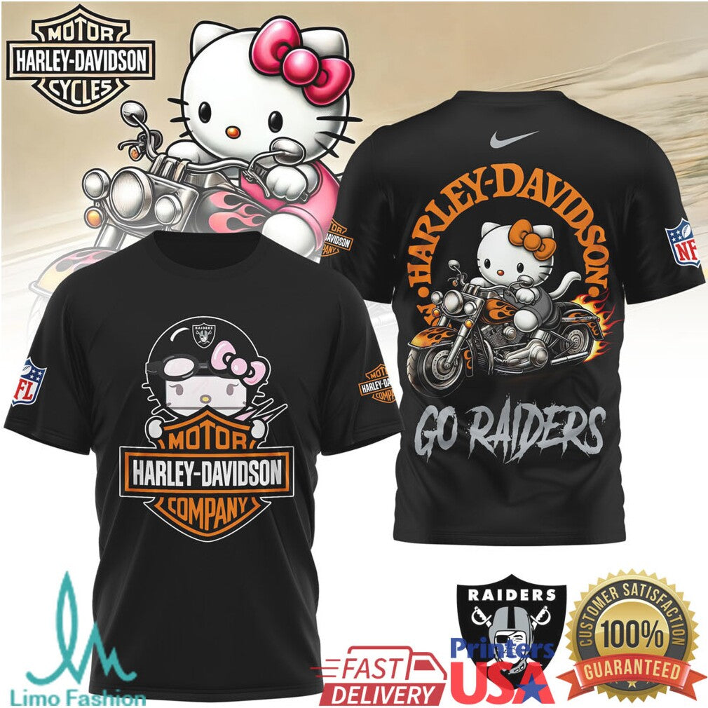 Las Vegas Raiders Official NFL Hello Kitty Harley Davidson 3D Shirt - Limotees LLC
