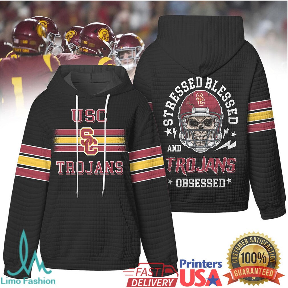 USC Trojans Stressed Blessed and Obsessed Football Skull Quilted T Shirt - Limotees LLC