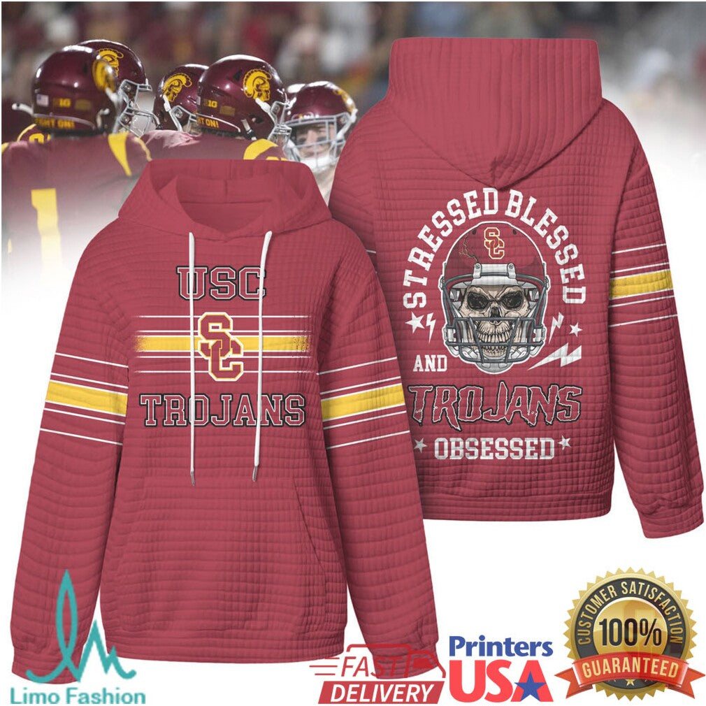 USC Trojans Stressed Blessed and Obsessed Football Skull Quilted T Shirt - Limotees LLC