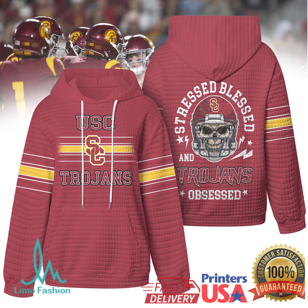 USC Trojans Stressed Blessed and Obsessed Football Skull Quilted T Shirt - Limotees LLC