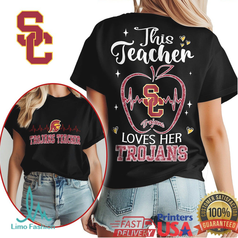 USC Trojans This Teacher Loves Her Trojans Heart Apple T Shirt - Limotees LLC