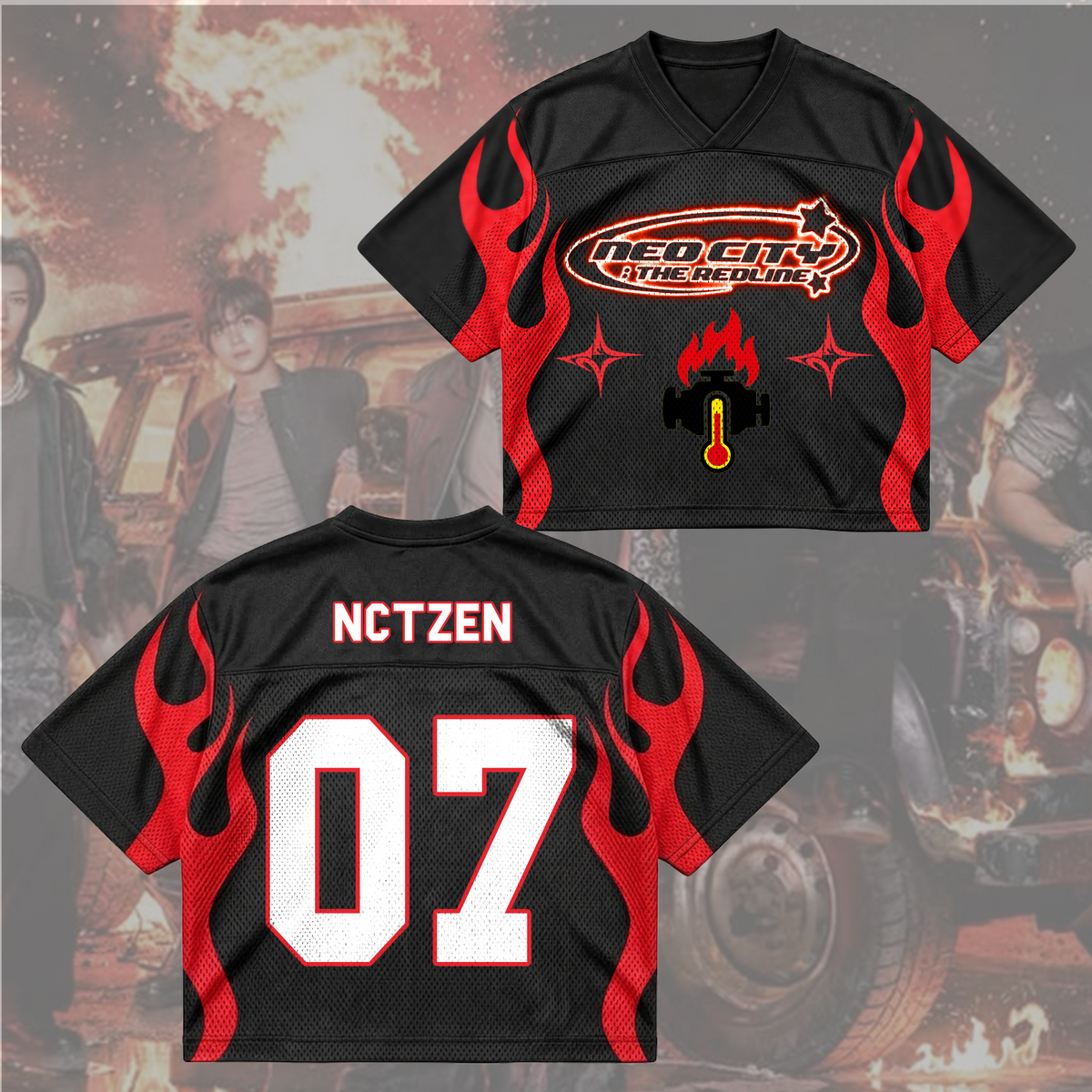 NCT 127 The Redline Tour Cyber Red Flame Mixed Mesh Jersey Gift For Fans