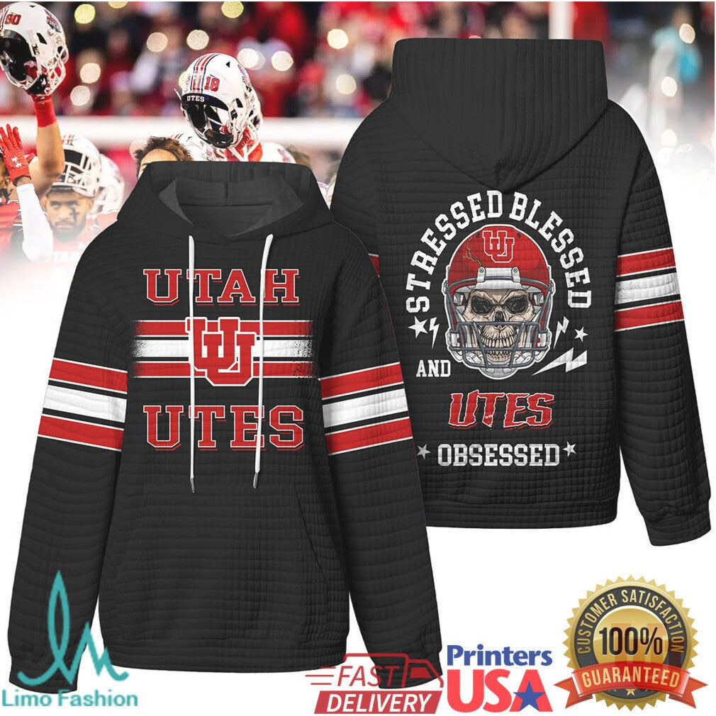 Utah Utes Stressed Blessed and Obsessed Football Skull Quilted T Shirt - Limotees LLC