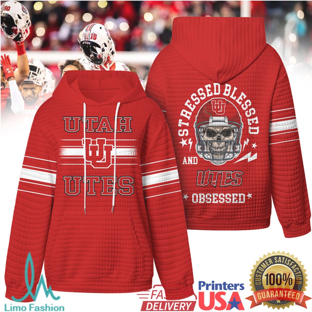 Utah Utes Stressed Blessed and Obsessed Football Skull Quilted T Shirt - Limotees LLC