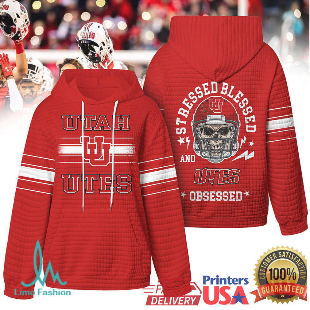 Utah Utes Stressed Blessed and Obsessed Football Skull Quilted T Shirt - Limotees LLC