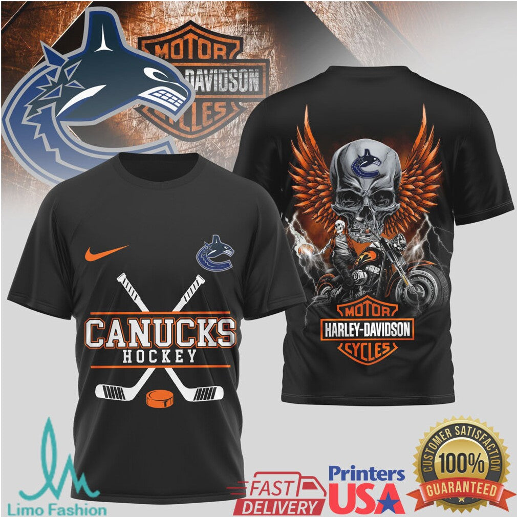 Vancouver Canucks Hockey x Harley Davidson Skull Biker T Shirt